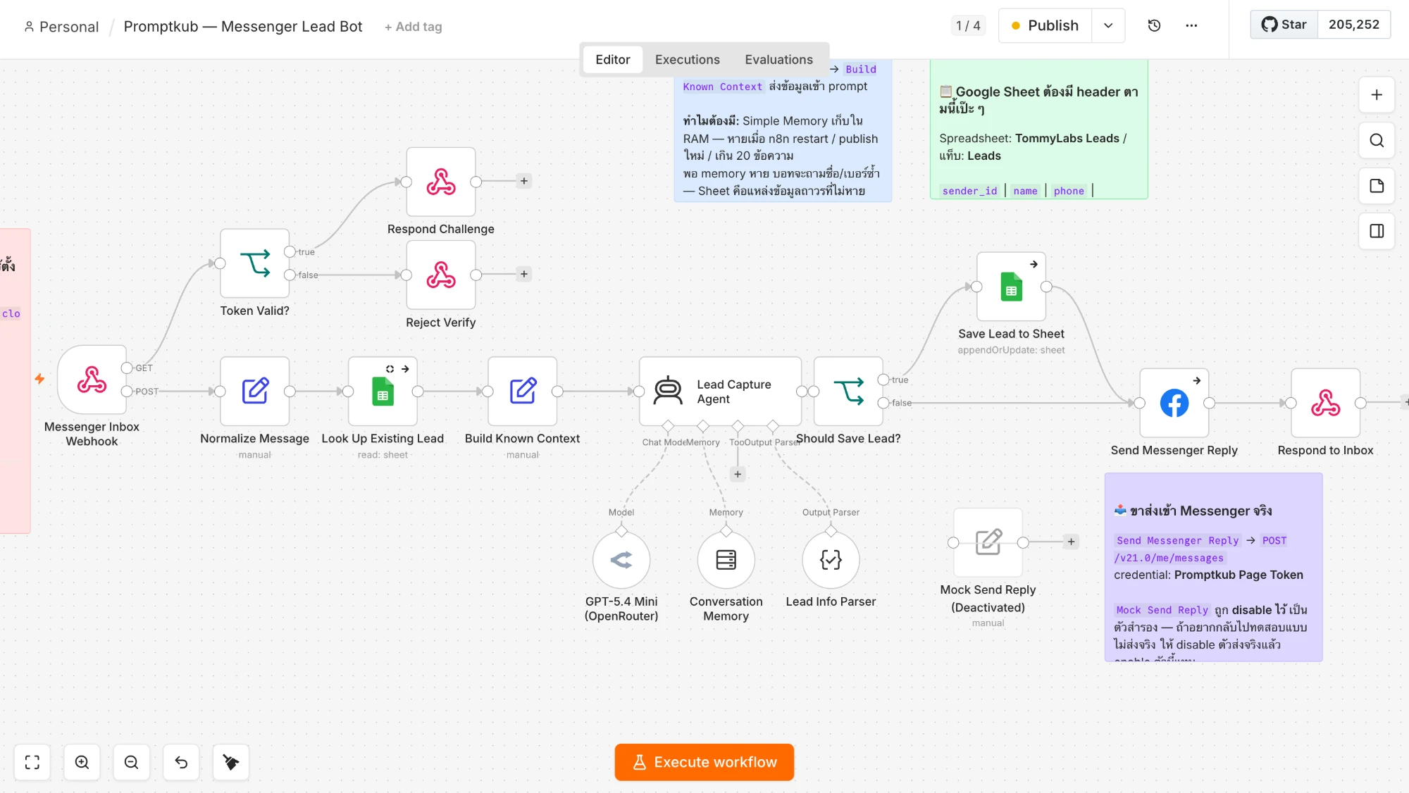 หน้าจอ workflow ใน n8n แสดง Webhook ต่อเข้า Normalize Message อ่าน Google Sheet และ Lead Capture Agent