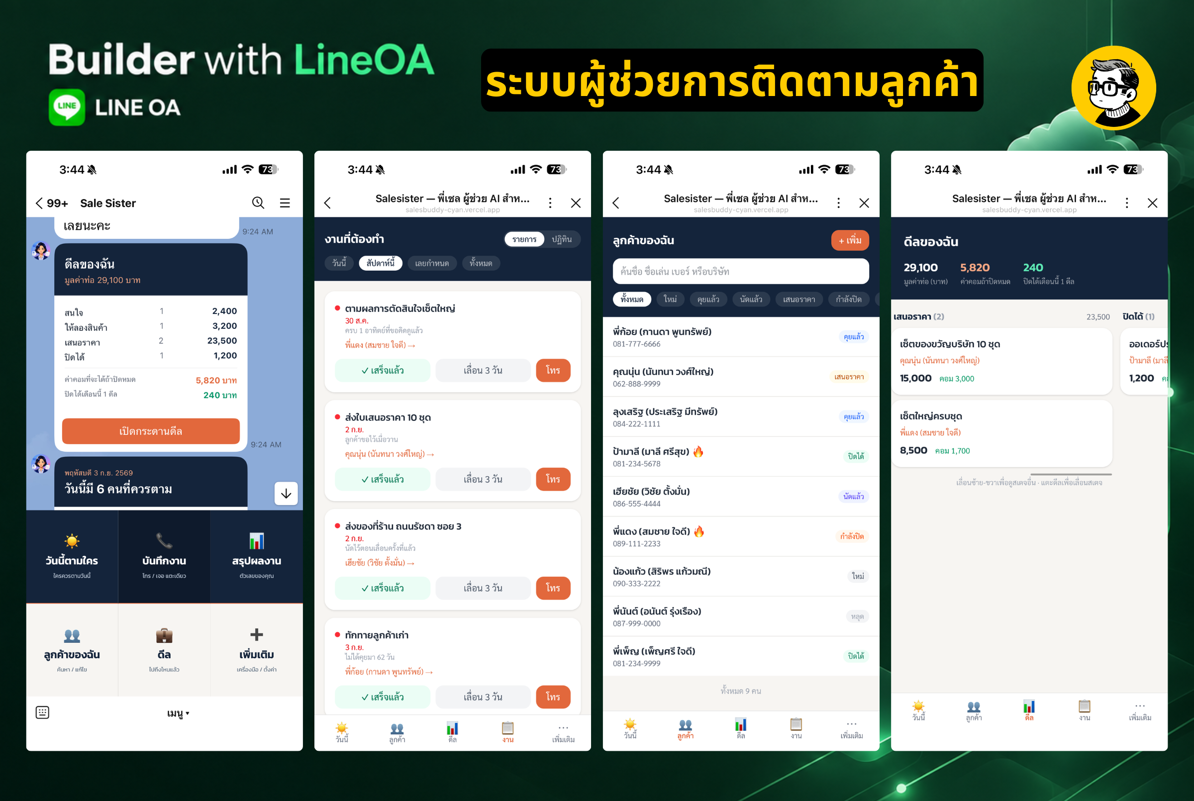 หน้าจอ LINE OA ระบบติดตามลูกค้า แสดงกระดานดีล รายชื่อลูกค้า และงานที่ต้องทำ