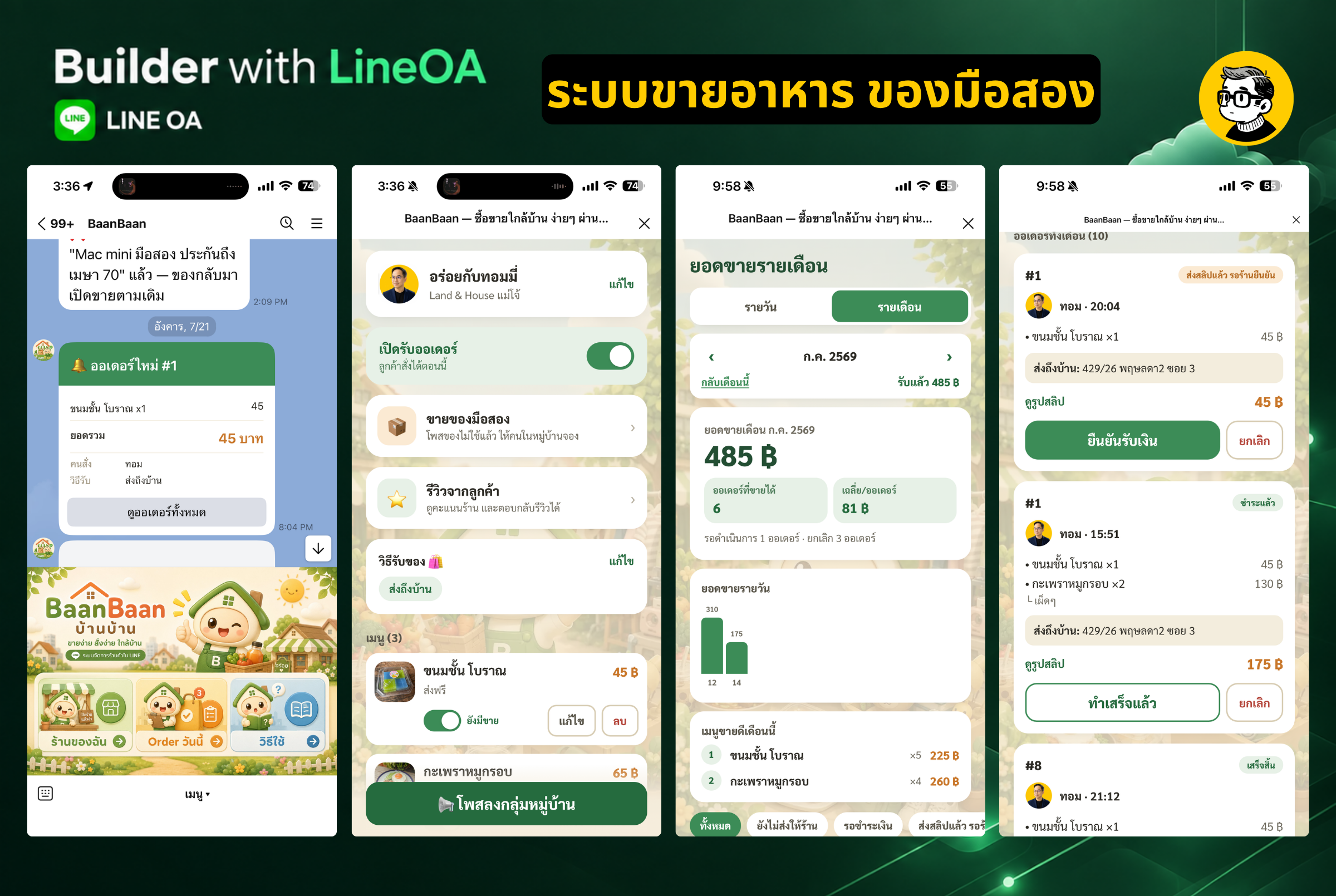 หน้าจอ LINE OA ระบบรับออเดอร์ร้านอาหาร แสดงเมนู ยอดขายรายเดือน และสถานะออเดอร์