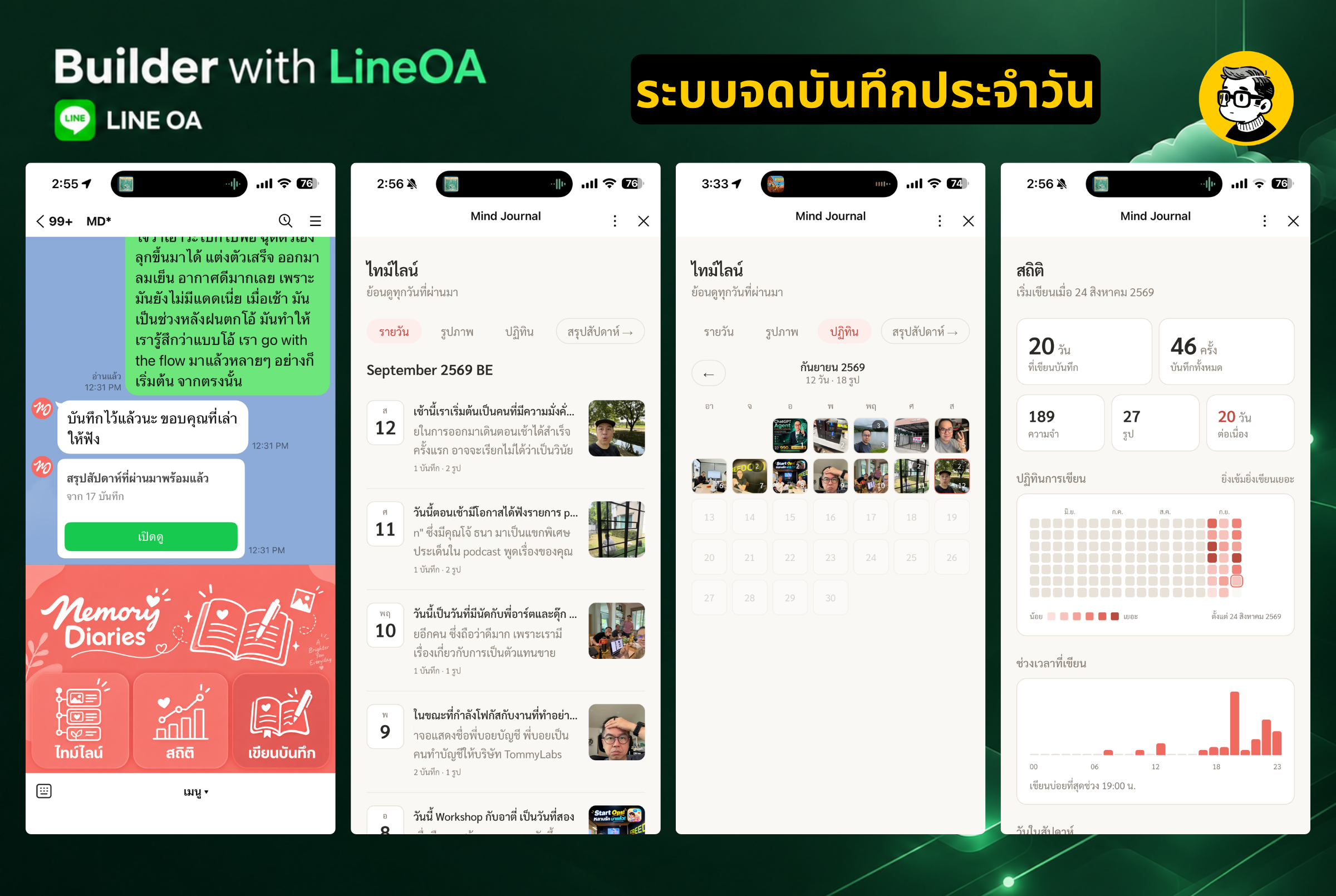 หน้าจอ LINE OA ระบบบันทึกประจำวัน แสดงไทม์ไลน์ ปฏิทิน และสถิติการเขียน